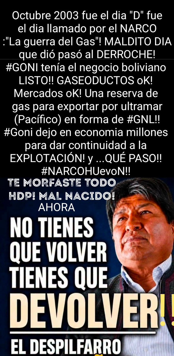 MVvictorNav's tweet photo. @evoespueblo Tu "papelito" que poder tiene? Sindo físico @Fer_Aramayo_C ya se lo hubiera pasado por la raya trasera en el baño y gráficamente en tu cara se hubiera quedado la MIER💩!! terrorista ANTI BOLIVIANO!! DERROCHADOR DE MIERD💩!!! 

Tu conducta anti económica durante tu gobierno! https://t.co/pvoEBhKJOO