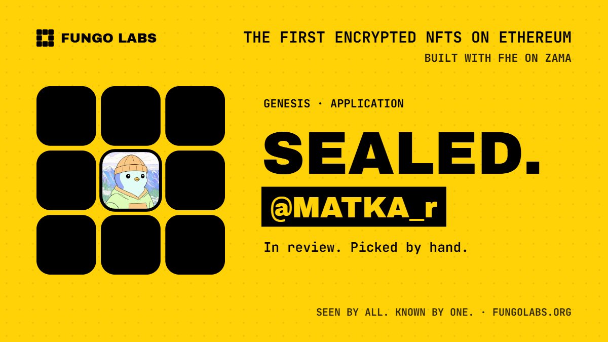 MATKA_r's tweet photo. Fungo Labs is cooking something different for NFTs ...

Not just another JPEG drop  an encrypted NFT collection powered by Zama’s FHE on Ethereum.

→ 3,232 total supply
→ 500 Free Mint WL spots
→ Mint: TBA

Here’s what makes it interesting:

^ Every NFT is minted sealed + encrypted onchain

^The smart contract can operate on the encrypted data without ever seeing what’s inside

➜ Traits and the final appearance are generated through FHE randomness
➜ No picking traits.
 No previewing your outcome. You mint → the encryption decides.

Privacy is not just a feature here  it is part of the mint.

→ Encrypted by design
→ Random by nature
→ Revealed by the protocol

Fungo Labs might be onto something 👀