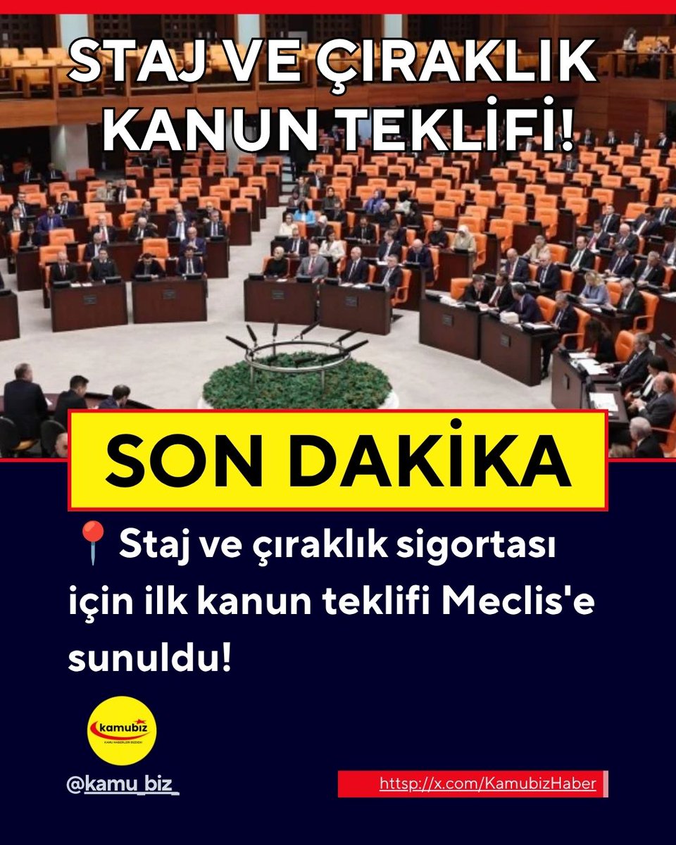 KamubizHaber's tweet photo. 🚨 SON DAKİKA | STAJ VE ÇIRAKLIK MAĞDURLARI İÇİN İLK KANUN TEKLİFİ TBMM'DE!

📢 Yüz binlerce kişiyi ilgilendiren önemli gelişme!

Çıraklık ve staj dönemlerinde geçirilen sürelerin sigortalılık başlangıcı olarak kabul edilmesini öngören kanun teklifinin TBMM’ye sunulduğu belirtildi.

📌 Teklifin tam metnini birazdan yeni X hesabımız @KamubizHaber üzerinden paylaşacağız.

🔔 TBMM kanun teklifleri, torba yasa, 3600 ek gösterge, Yardımcı Hizmetler Sınıfı, taşerona kadro, kademeli emeklilik, staj ve çıraklık gelişmelerinden anında haberdar olmak için yeni X hesabımız @KamubizHaber’i takip etmeyi ve bildirimleri açmayı unutmayın!

Gençliğe Üretin Demekle Olmuyor 
#StajyerçırağaTamSigorta 
@CirakStajFED