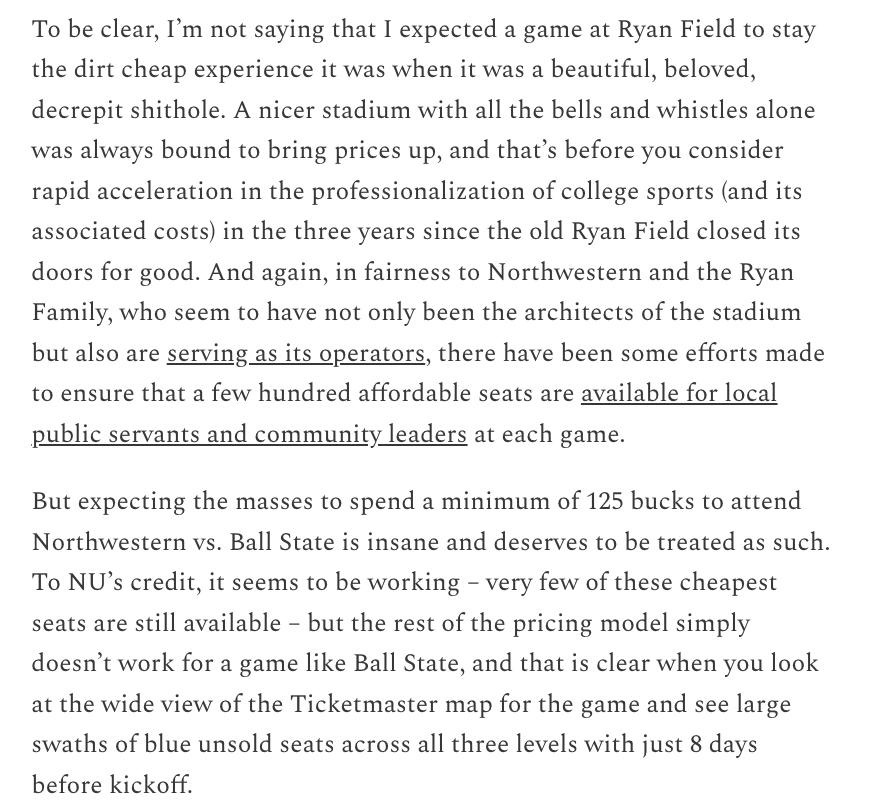 purplelineexp's tweet photo. some lower level tickets have also been sold or otherwise distributed by NU, though the price was only dropped for the upper bowl. also plugging this month's PLE newsletter, which discussed ticket prices and their impact on home field advantage: https://t.co/HuyNrTnWng https://t.co/oyZlSuUnt7