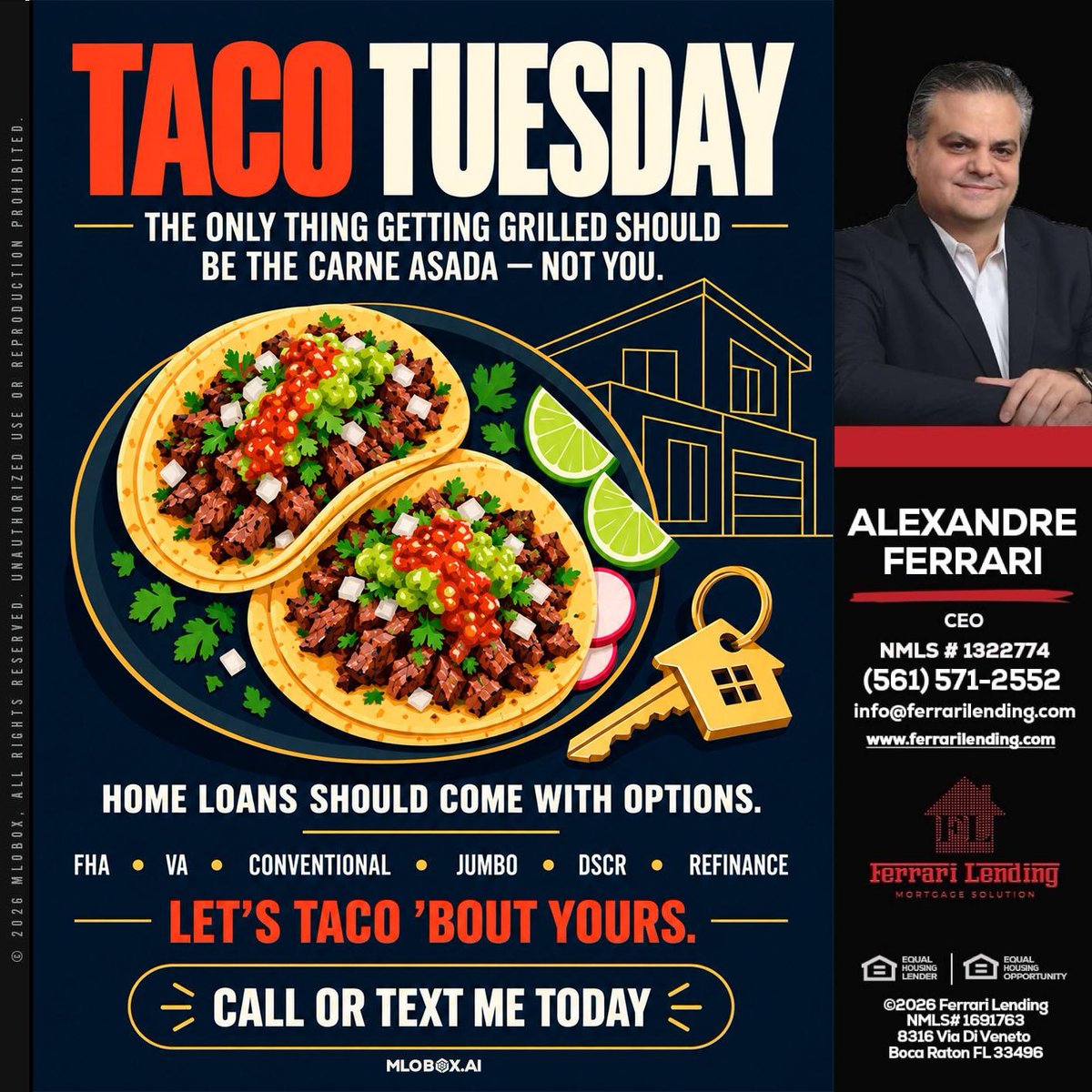 FerrariLending's tweet photo. Taco Tuesday vibes! ๐ฎ Letโs make sure the only thing getting grilled today is your carne asada. Ready to chat about your home loan options? Call or text me! ๐ #TacoTuesday #HomeLoans #LetsTacoBoutIt
๐ง info@ferrarilending.com
๐ 5615712552 https://t.co/m07Uu0sH38