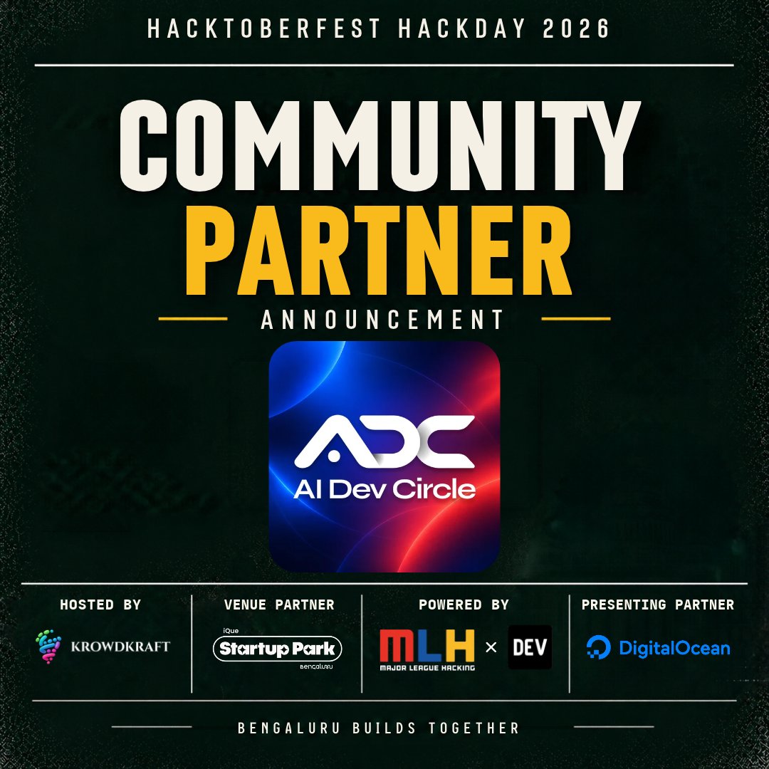 KrowdKraft_'s tweet photo. 🤝 Community Partner Announcement

Excited to welcome @aidevcircle , formerly ReactPlay, as a Community Partner for Hacktoberfest Hack Day Bengaluru 2026! 🚀

After 29 ReactPlay meetups, the community has evolved into AI Dev Circle, bringing together nearly 7,000 developers around AI, agents, models, tools and the future of building with AI.

Glad to have them with us on 18 October! 💛
