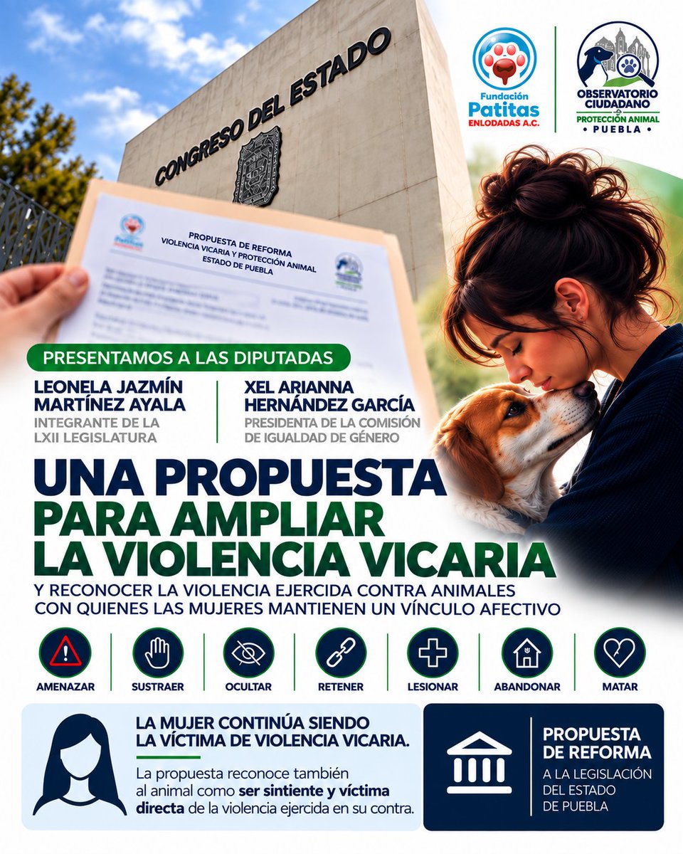 OCPA_Puebla's tweet photo. 📌🐾 Presentamos una propuesta para que Puebla reconozca expresamente una forma de violencia vicaria: utilizar el vínculo afectivo de una mujer con un animal para amenazarla, controlarla o causarle sufrimiento.

#ViolenciaVicaria #Puebla #ProtecciónAnimal https://t.co/OC0UbgUAbp