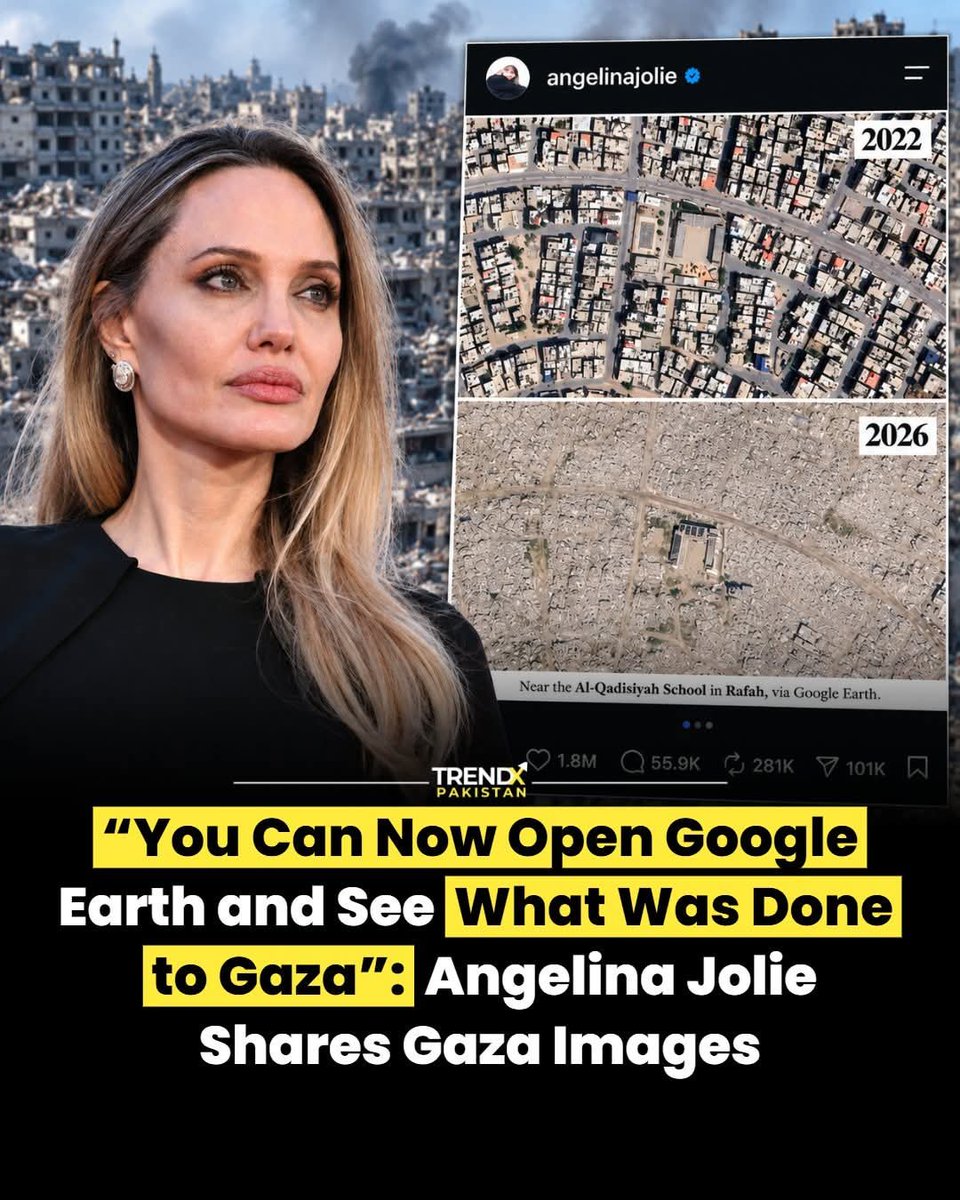waleed_ch5's tweet photo. Angelina Jolie has shared before and after satellite images showing the scale of destruction across Gaza, saying entire neighbourhoods have been reduced to rubble and homes, schools, hospitals, roads and other essential infrastructure have been damaged or destroyed.

The actress and former UN refugee agency envoy also highlighted the humanitarian crisis ahead of winter, saying millions of Palestinians need shelter and essential supplies. She called for humanitarian aid to reach civilians at the required scale and for hospitals to receive urgently needed medical supplies.

(Trend Pakistan post)