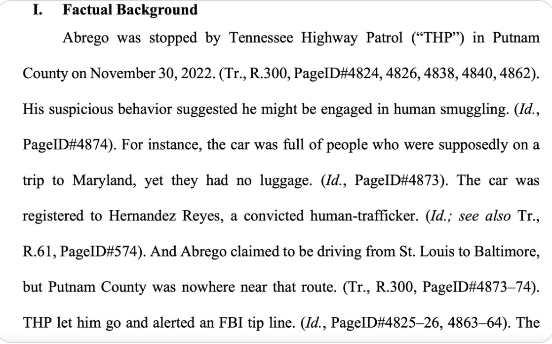 FischerKing64's tweet photo. Reminder that Kilmar Abrego Garcia entered the USA illegally from El Salvador way back in 2011. He is a suspected gang member and human smuggler. He was deported in 2025. Then a judge ordered the US to bring him back. This is just one illegal alien who has been tying up the courts for years now.  If you wonder why authorities thinks he was smuggling illegals into the country, a filing from his case: