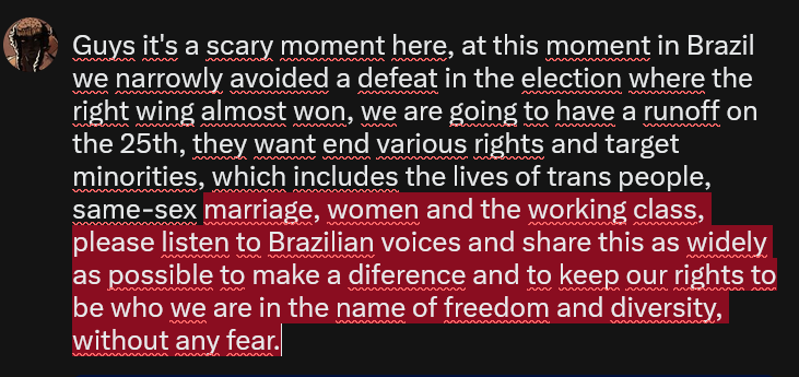 Birdy_Samy's tweet photo. It's a very important message that everyone here, especially my non-brazilian followers needs to hear, again please spread this as widely as possible #EyesOnBrazil 🇧🇷 https://t.co/48kfMrbOii