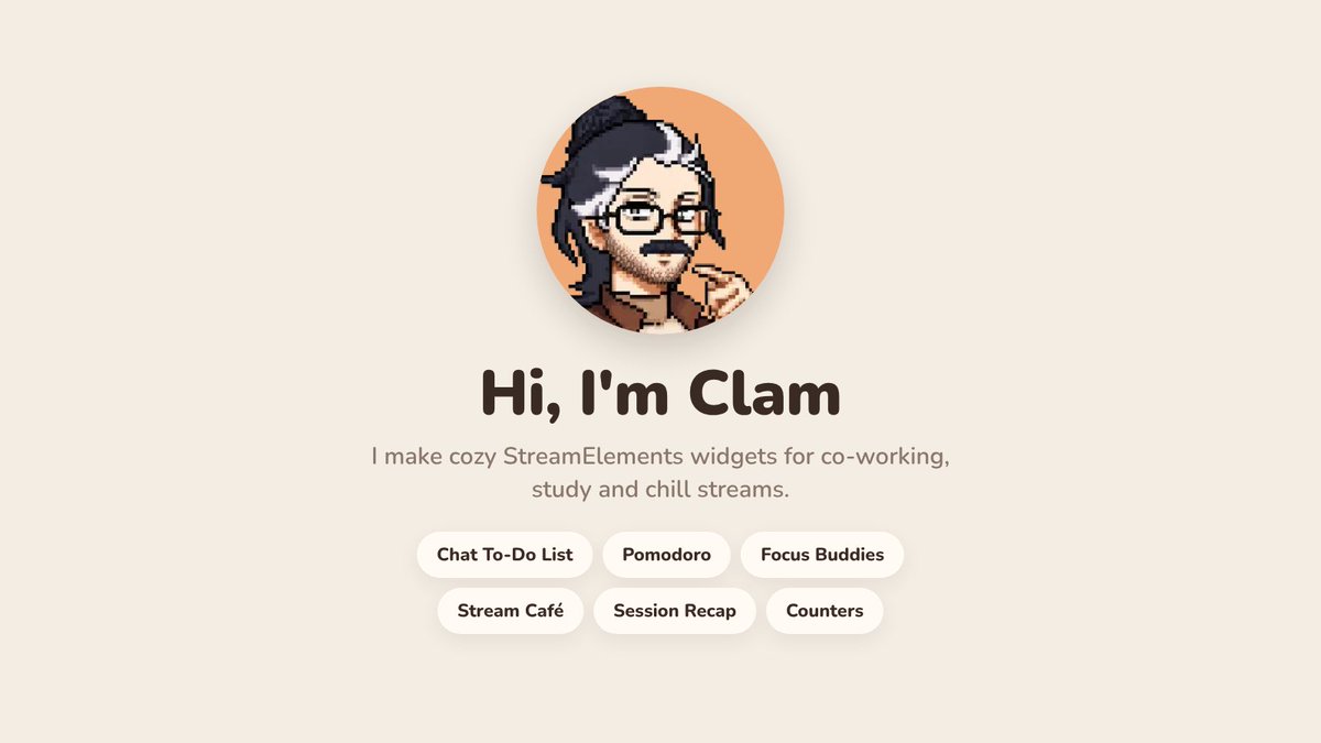 Clam_Widgets's tweet photo. Hi, I'm Clam. I make cozy StreamElements widgets for co-working, study and chill streams.
To-do lists your chat can use, a pomodoro timer, focus buddies, a stream café and more. They all work together.
Follow along, new widget every couple of weeks. #Widgets #Twitch https://t.co/zTZbEGbgD4