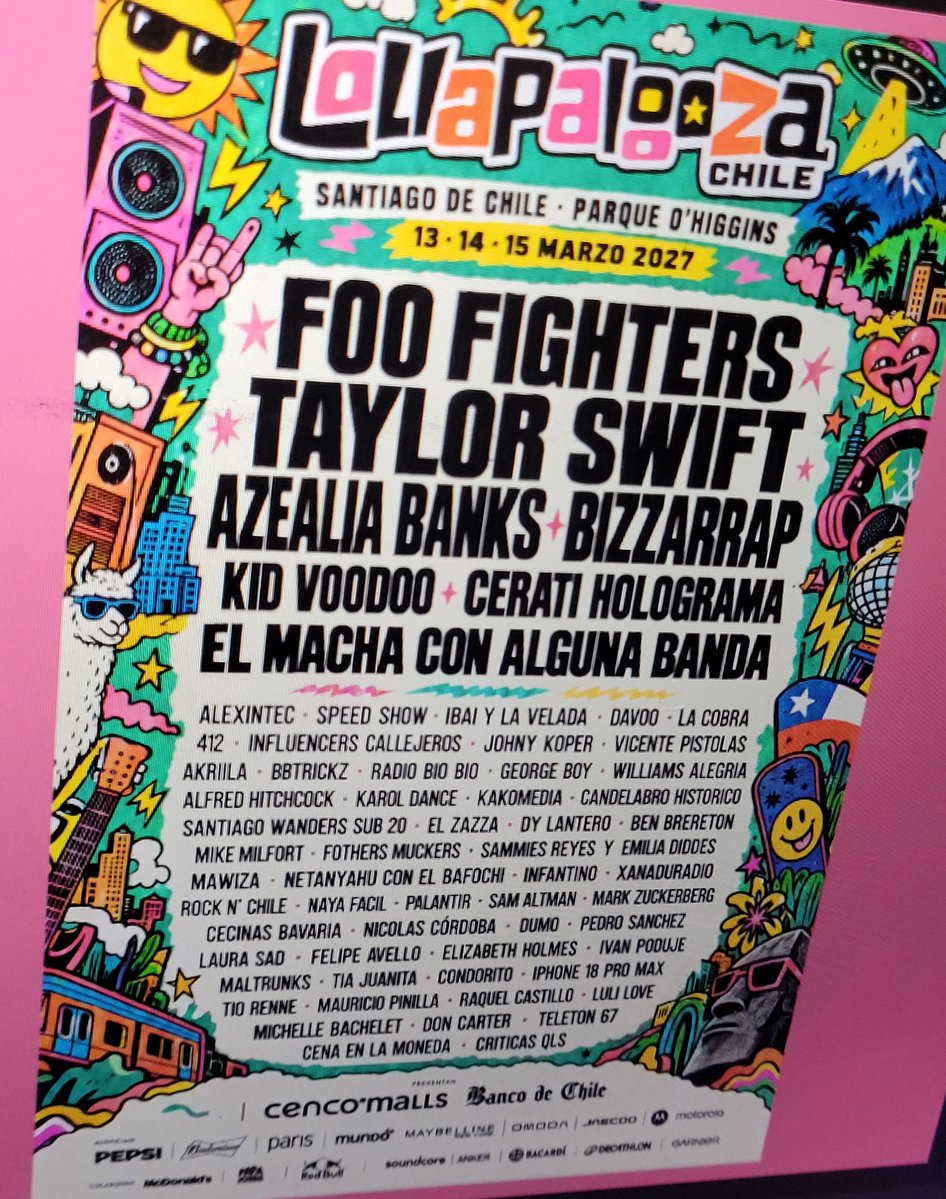 marcoezzzra's tweet photo. Lineup 2 Filtrado Lollapalooza 2027 #Lollapalooza #lollapaloozachile #lollapalooza2027 https://t.co/mEOr4YADjX