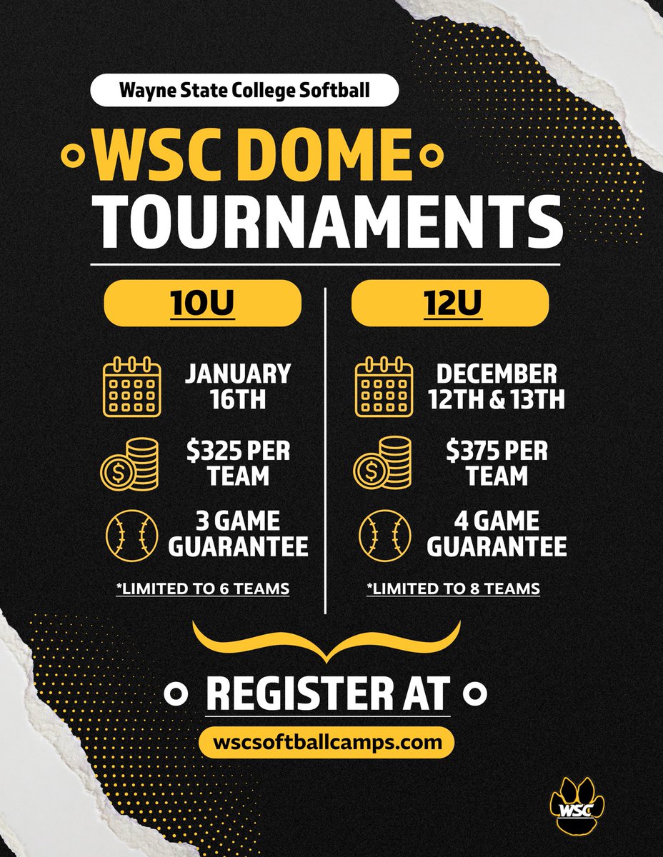 WSCWildcatSB's tweet photo. WSC Softball is hosting two tournaments in our own Wildcat Dome this winter! 

12U Tournament - December 12th &amp; 13th
10U Tournament - January 6th

Sign your team up today at https://t.co/wvgd3o8eye ‼️ https://t.co/je8IxSD3Xw