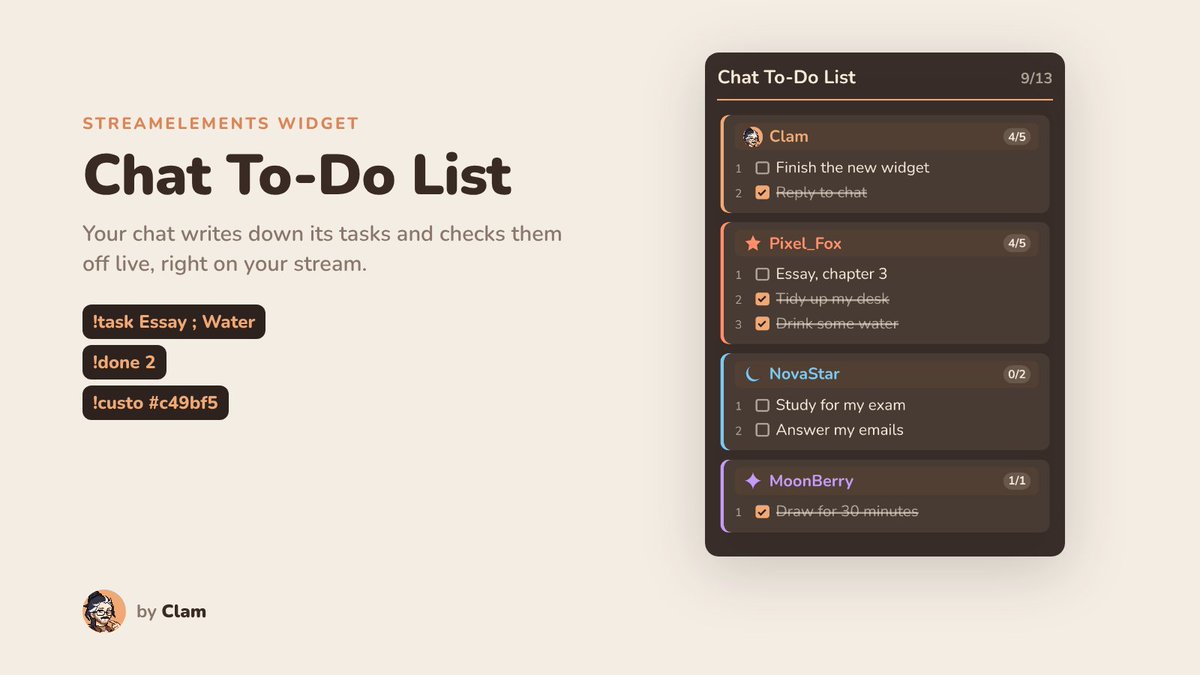 Clam_Widgets's tweet photo. Hi, I'm Clam. I make cozy StreamElements widgets for co-working, study and chill streams.
To-do lists your chat can use, a pomodoro timer, focus buddies, a stream café and more. They all work together.
Follow along, new widget every couple of weeks. #Widgets #Twitch https://t.co/zTZbEGbgD4