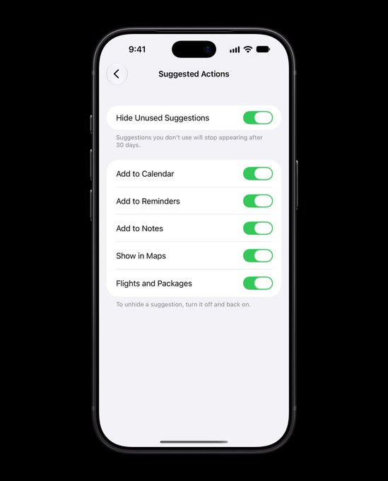 YoiYooy's tweet photo. ميزة جميلة برسائل iMessage بالايفون 📱

تتفقون على موعد؟ يظهر اقتراح تضيفه للتقويم. يطلب منك أحد شغلة؟ تقدر تضيفها للتذكيرات مباشرة.

والجديد: أبل تختبر في iOS 27.2 خيارات تخليك تختار أنواع الاقتراحات اللي تظهر لك، مع إخفاء غير المستخدمة بعد 30 يوم 👌

الميزة ما زالت تجريبية. https://t.co/QbrsXplkRN
