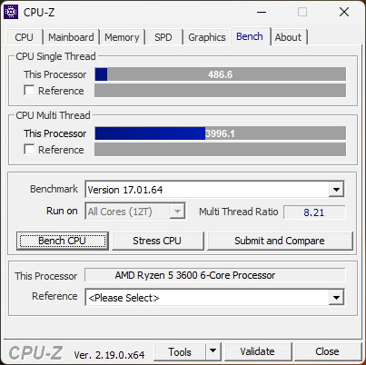 A CPU-Z benchmark results window showing CPU scores of 486.6 Single Thread and 3996.1 Multi Thread for an AMD Ryzen 5 3600 6-Core Processor.