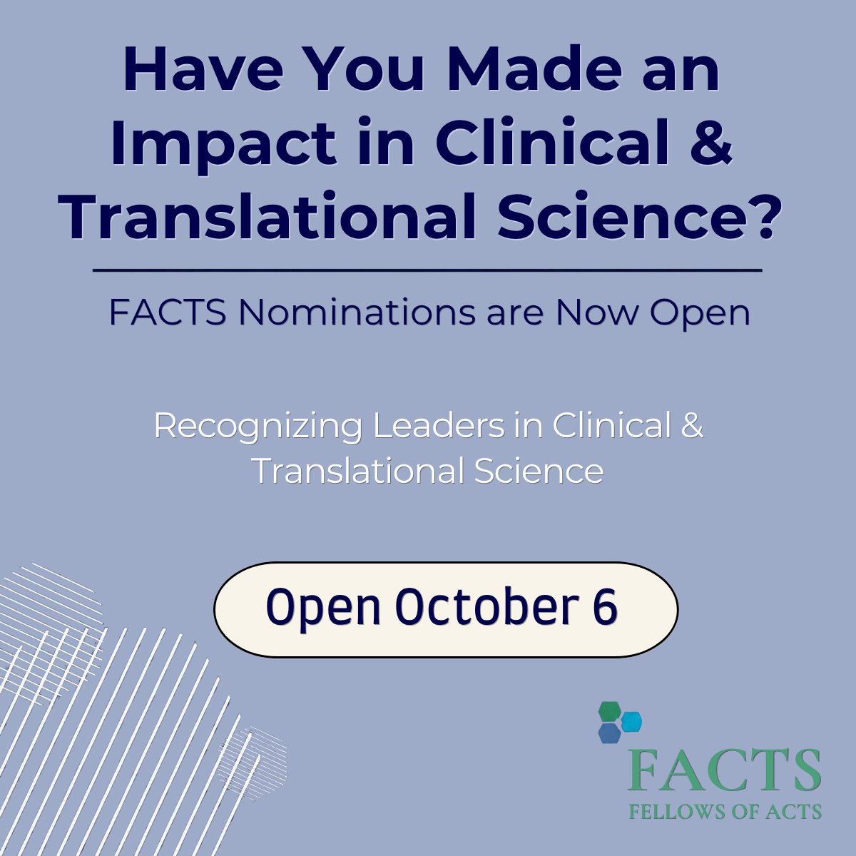ACTScience's tweet photo. FACTS Nominations Are Open!

Nominate leaders making significant contributions to clinical and translational science. Help recognize their achievements and service by submitting a FACTS nomination today. https://t.co/lecrKL8Gnx https://t.co/CiAgjp98DZ