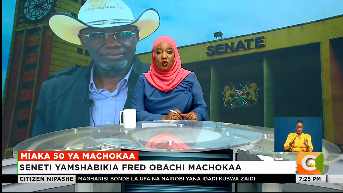 A news anchor on Citizen TV presents a segment titled "MIAKA 50 YA MACHOKAA" with the headline "SENETI YAMSHABIKIA FRED OBACHI MACHOKAA," featuring a sign language interpreter at 7:25 PM, as a photo of veteran broadcaster Fred Obachi Machokaa in a cowboy hat is displayed alongside the Kenyan Senate building backdrop.