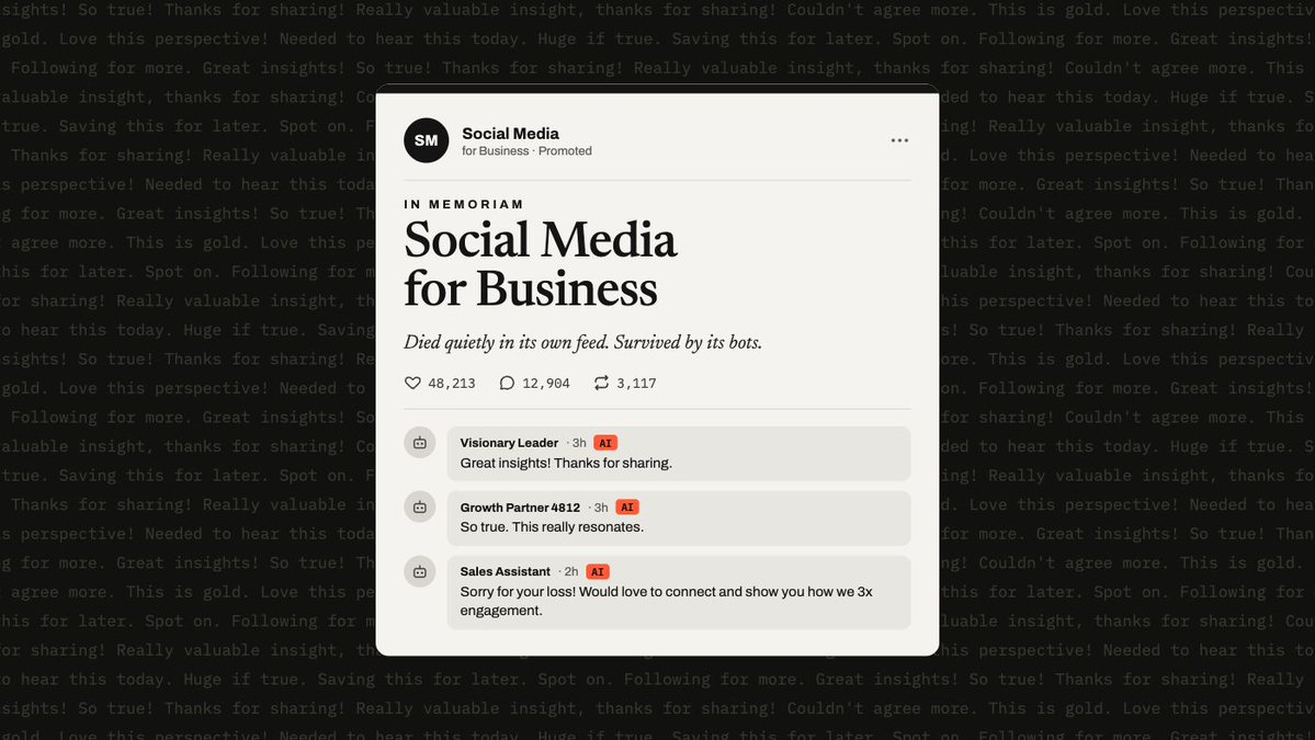 asksensay's tweet photo. Social media is dead for business. Nobody told the bots.

41% of long-form LinkedIn posts are now fully AI-generated. The comments are catching up. Your DMs got there first.

Yes, I'm posting this on social media. That's rather the point.

https://t.co/1zYgCmH8eA https://t.co/rzzKP2etQe