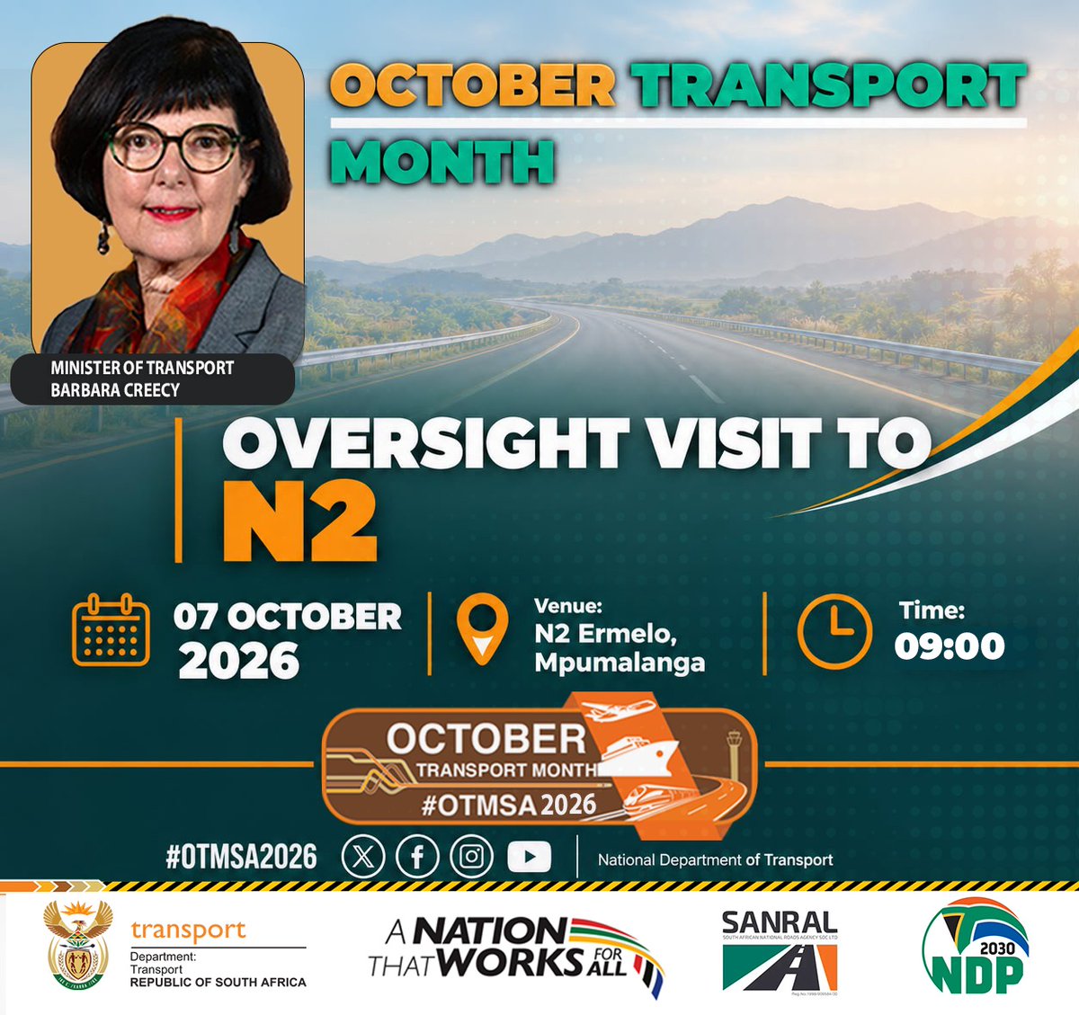 GovernmentZA's tweet photo. 📍 TOMORROW | TRANSPORT MONTH 2026 

Transport Minister Barbara Creecy will conduct an oversight visit in Ermelo, Mpumalanga, as part of #OTMSA2026.

The visit will focus on transport infrastructure and services in the province.

 #TransportZA #ServiceDeliveryZA #GovZAUpdates https://t.co/gXTCR7yUR8