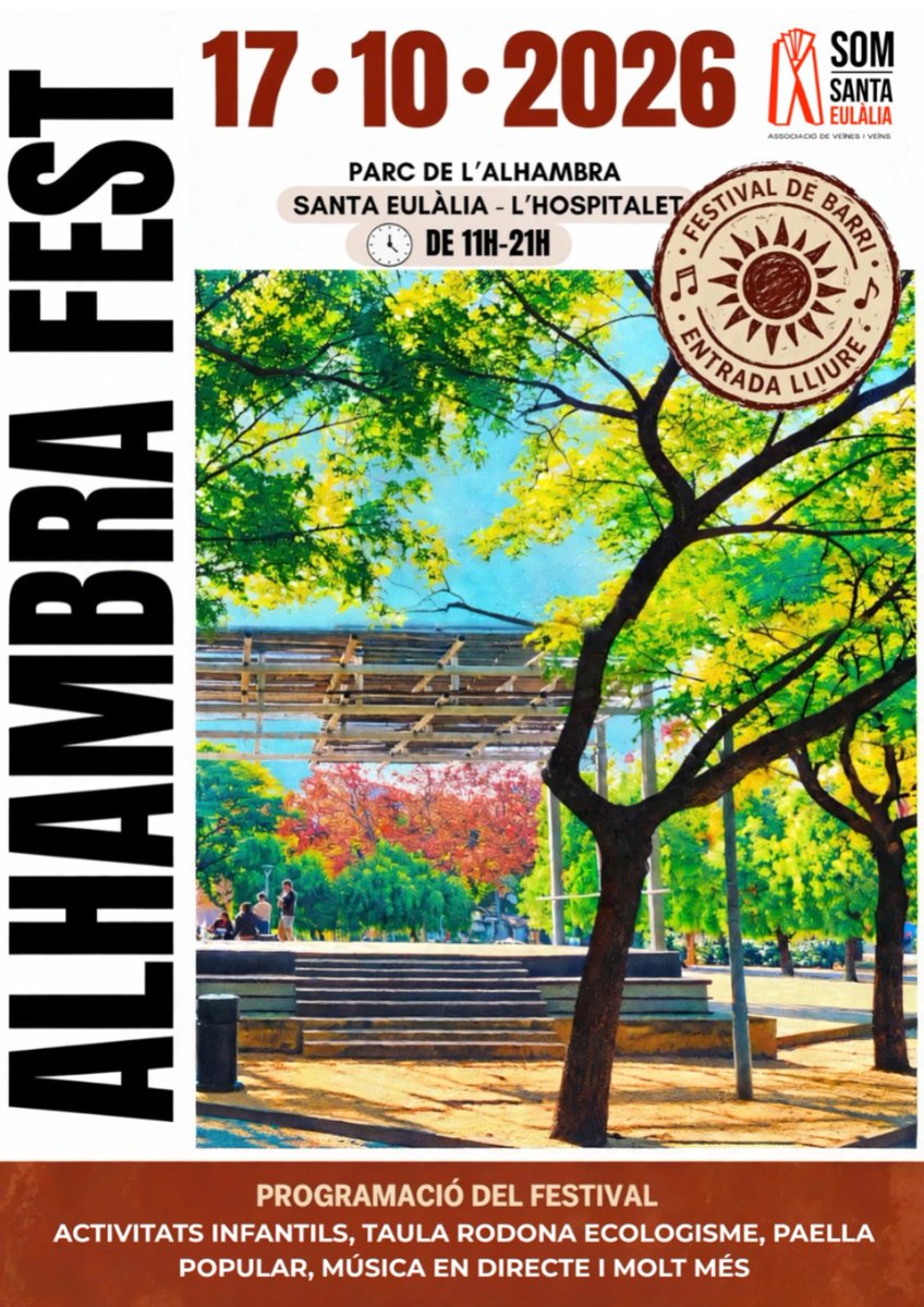 AVVSomSEulalia's tweet photo. #AlhambraFest
El #ParcAlhambra és un espai verd🌳fonamental a #SantaEulàlia i a #LHospitalet
Omplim-lo de vida 🙌
Posem en valor el nostre #PatrimoniLH
- Activitats infantils
- Taula rodona
- Dinar popular
- Vespreig musical
- Música en directe
...
17/10 | 11h
#SomSantaEulàlia https://t.co/lQVGHtqQL4
