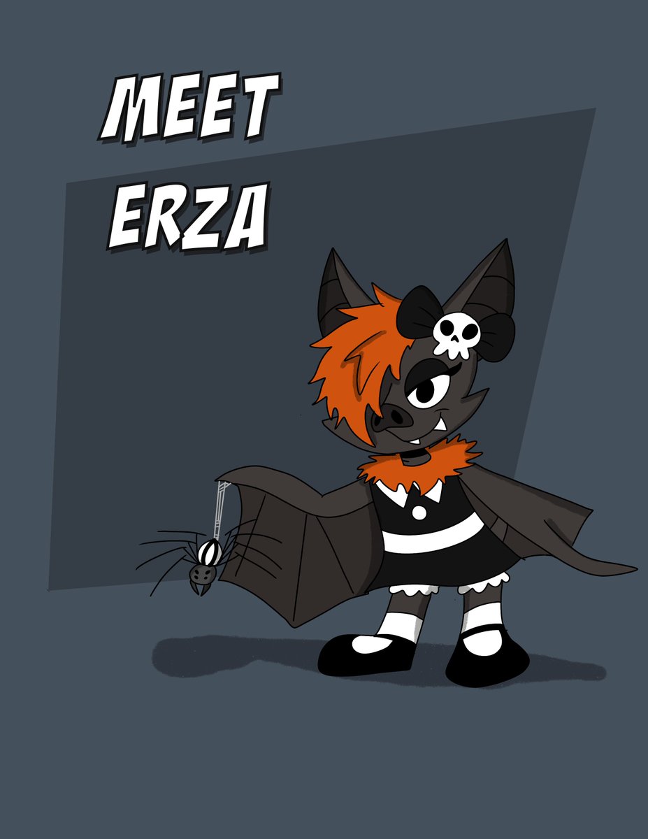 AutoJohnny's tweet photo. Meet Erza Bat and her pet spider Hannibal! 

This little goth fruit bat loves spooky stuff, the occult, tomatoes especially tomato juice (cause it looks like blood). With her macabre and dead pan sense of humor she'll fit right in

#furry #OC #webcomic #digitalart #cartoon #ArtistOnTwitter #artistsontwitter