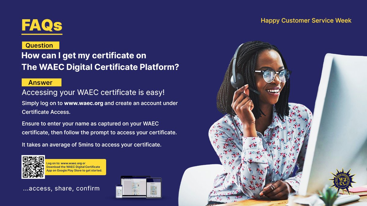 waecdigitalcert's tweet photo. Got questions? We have the answers! Our mission is to make your experience with the WAEC Digital Certificate platform seamless. Swipe through for helpful insights and visit https://t.co/1mMnDE4WmO today!
#waecdigitalcertificate #customerserviceweek2026
#theextramile #waecexam #waecresult