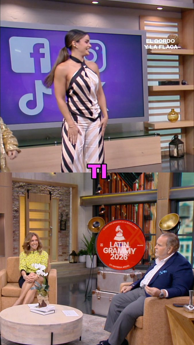 The image shows a woman in a striped halter dress standing in a studio with social media logos (Facebook, Instagram, TikTok) behind her, with the show title "El Gordo y La Flaca" visible. The bottom panel displays two hosts seated in the talk show set with a "Latin Grammy 2026" promotional sign behind them. The post teases an upcoming segment about Cristian Castro's new relationship on the Univision show, though he does not appear in this particular frame.