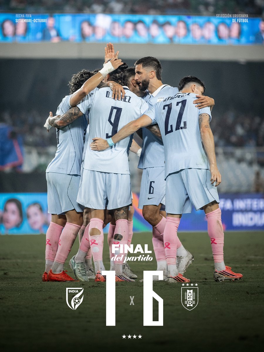 Uruguay's tweet photo. 🇺🇾 ¡𝗚𝗔𝗡𝗢́ 𝗨𝗥𝗨𝗚𝗨𝗔𝗬!

@IndianFootball 1-6 @Uruguay 
 
⚽️ Darwin Núñez
⚽⚽️ Maximiliano Araújo 
⚽️ Rodrigo Zalazar
⚽️ Juan Manuel Sanabria
⚽️ Rodrigo Aguirre

📌 Amistoso Internacional

📺 https://t.co/BxR5IKn9wa

#ElEquipoQueNosUne https://t.co/HgdlVHM7kV