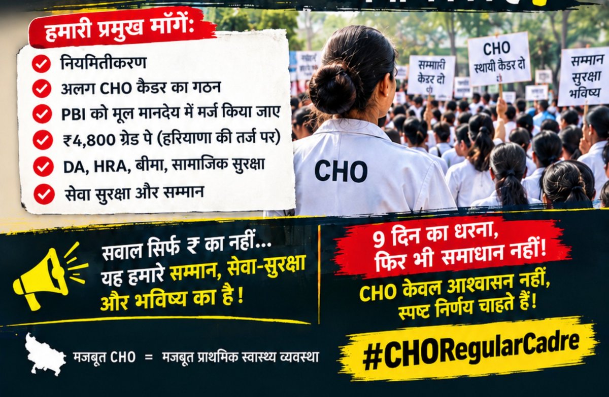 ReservationFix's tweet photo. एक ट्रिलियन डॉलर की अर्थव्यवस्था की ओर UP… लेकिन CHO के लिए फंड नहीं है।

विधायकों के वेतन-भत्ते बढ़ सकते हैं, लेकिन गांव-गांव स्वास्थ्य सेवा देने वाले CHO के लिए स्थायी कैडर, नियमितीकरण और PBI मर्ज पर निर्णय क्यों नहीं?

सवाल सिर्फ ₹ का नहीं—सम्मान, सेवा-सुरक्षा और भविष्य का है।

9 दिन का धरना, फिर भी समाधान नहीं।
CHO केवल आश्वासन नहीं, स्पष्ट निर्णय चाहते हैं।
@brajeshpathakup
@DyCMofficeBP
@CMOfficeUP
#CHORegularCadre