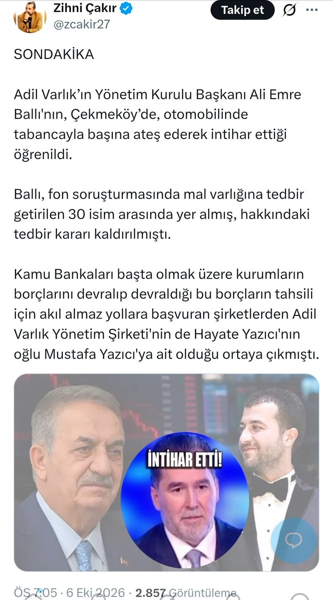 Karabolatli's tweet photo. Bizler Malum kişinin oğlu neden alınmıyor derken, malum kişinin oğlunun ortağı ilginç bir şekilde İntihar etti iyi mi?

Olay giderek ilginç bir hâl alıyor

#Başakşehir
#saldırı
Eslem Sare Bulut
Aleyna Kalaycıoğlu
Adalet Bakanı Akın Gürlek
#adaletyoksa
Milli Eğitim Bakanı https://t.co/bTTvbSKWrj