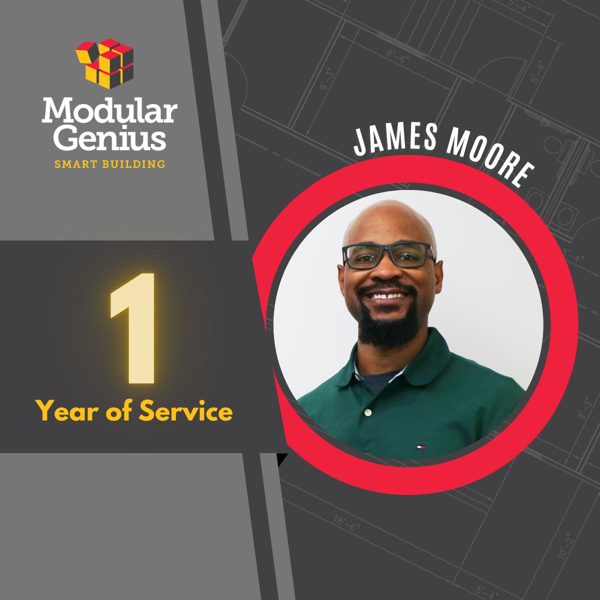 ModularGenius's tweet photo. Celebrating One Year with James Moore!

James Moore is celebrating his first year with Modular Genius as our Pre-Construction Manager. From early planning and coordination to helping set projects up for success before construction begins. 

Happy 1-year anniversary, James! https://t.co/g1DFRUJIar
