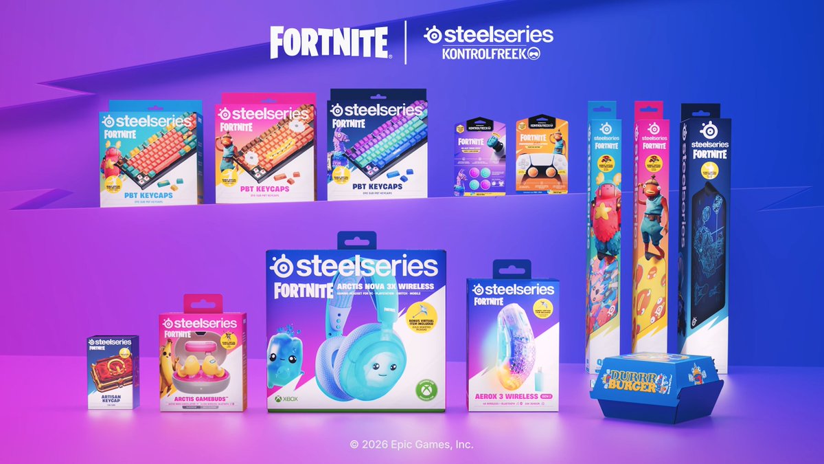 FireMonkey's tweet photo. Steelseries / Kontrolfreek x Fortnite

Collect some legendary loot with Arctis headsets and earbuds, Aerox mice, QcK mousepads, and SteelSeries PBT keycaps inspired by Fortnite's most iconic characters and events.

Spotted by @SamLeakss https://t.co/ekQqAXqUDS