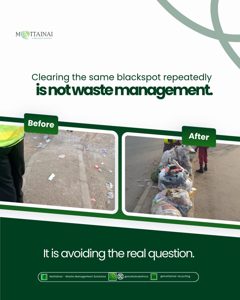 Mottainaiafrica's tweet photo. Some waste blackspots are cleared repeatedly. 

At some point, the question is no longer: how do we clear this?

It becomes: why does waste keep appearing here?

Clearing treats the symptom. Diagnosis addresses the condition. https://t.co/CqN08fqJkX