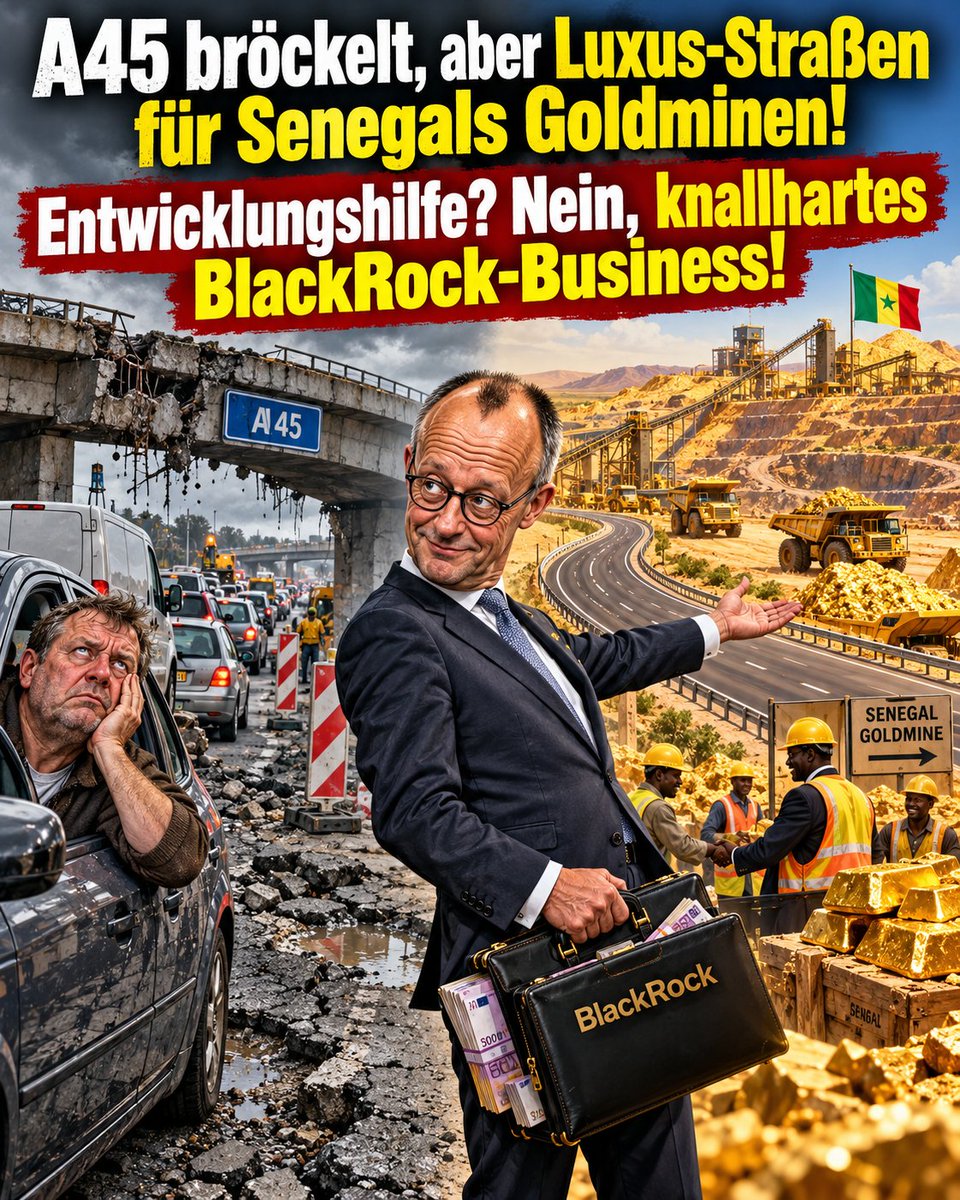 Bernd_Kaiser_BD's tweet photo. Während der deutsche Michel auf der kaputten A45 im Stau steht und um jeden Euro für marode Brücken bettelt, zeigt uns Kanzler Merz, wie moderne „Entwicklungshilfe“ wirklich funktioniert. 💸

288 Millionen Euro fließen aus dem Bundeshaushalt in den Senegal. Davon fließen 118 Millionen als Blankoscheck direkt in die dortige Staatskasse. 
Keine strenge Zweckbindung, keine lästigen Fragen. Einfach mal machen lassen!

Noch genialer sind die restlichen 170 Millionen Euro für neue „Infrastruktur“. 
Das bedeutet konkret: Es werden erstklassige Asphaltpisten in die afrikanische Landschaft gezogen. Welch purer Zufall, dass diese von deutschen Steuern bezahlten Straßen direkt zu den hochprofitablen Goldminen des internationalen Bergbau-Giganten Endeavour Mining führen. 
Wo sich früher die Minenlaster durch den Schlamm quälten, rollt das Gold nun sanft über feinsten deutschen Entwicklungs-Asphalt zum Exporthafen. 🥇🛣️

Und wer profitiert von dieser perfekten Gratis-Logistik? 
Einer der größten Anteilseigner von Endeavour Mining ist BlackRock. 
Genau jener globale Finanzgigant, dessen deutschen Ableger Friedrich Merz einst jahrelang höchstpersönlich lenkte.

Ein herausragendes Geschäftsmodell! 
Der senegalesische Staat freut sich über Millionengeschenke, der Gold-Konzern spart Logistikkosten, und der deutsche Steuerzahler darf als nützlicher Idiot die Straßen dafür betonieren. 
Im Inland verrottet die Infrastruktur, aber für die Rendite der globalen Finanzelite sitzt das Portemonnaie locker. 
Chapeau! Das ist wirklich nachhaltige Wirtschaftsförderung – nur eben nicht für Deutschland. 🤡🇩🇪

#Entwicklungshilfe #Merz

https://t.co/jWG3cGEbbp