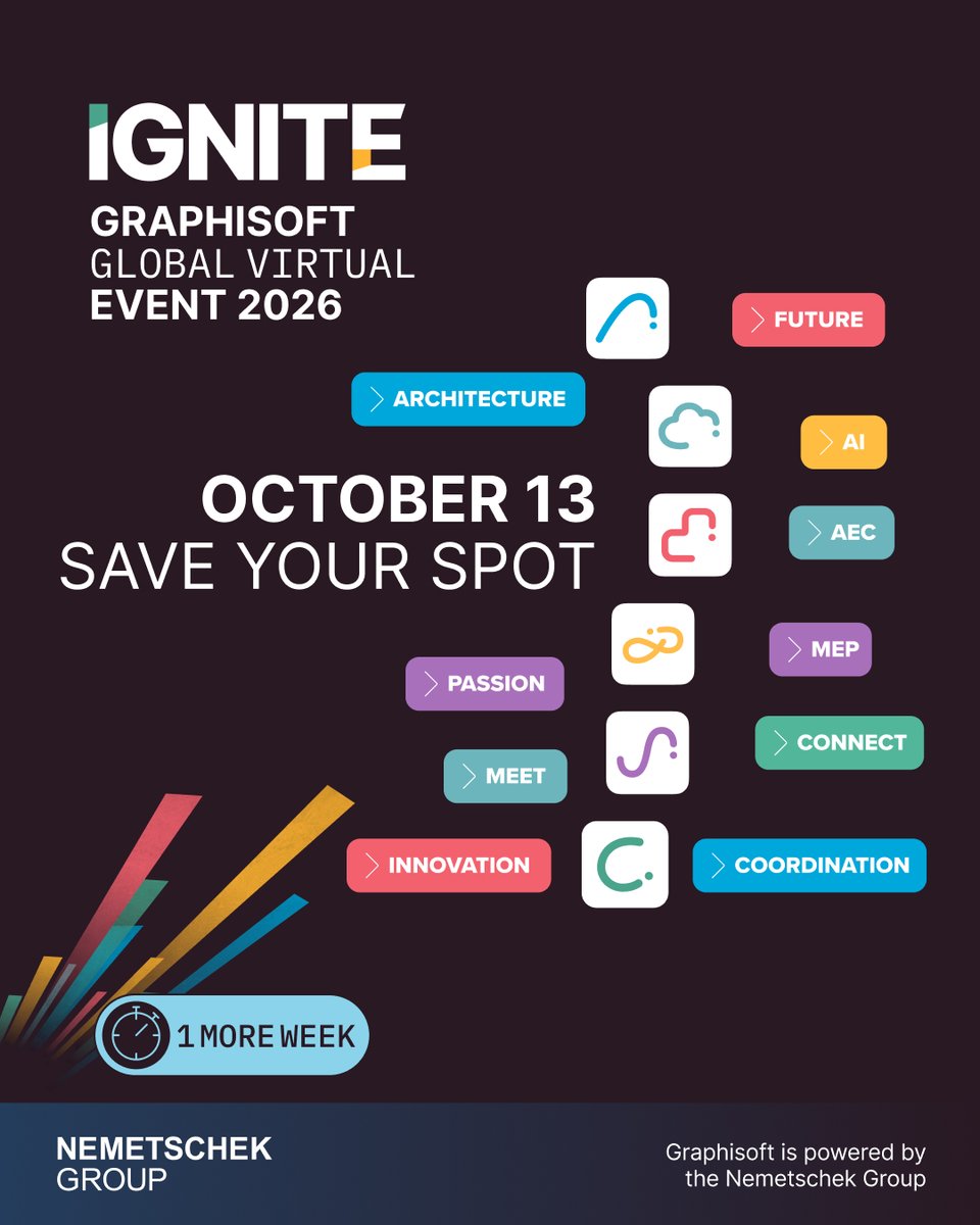 GraphisoftUK's tweet photo. One week left. Graphisoft's next product release goes live October 13, as part of Ignite - Graphisoft Global Virtual Event 2026. New updates across Archicad, DDScad, BIMx, and more. Register now: https://t.co/JniYtfyVpH https://t.co/bucQ9SK1AP
