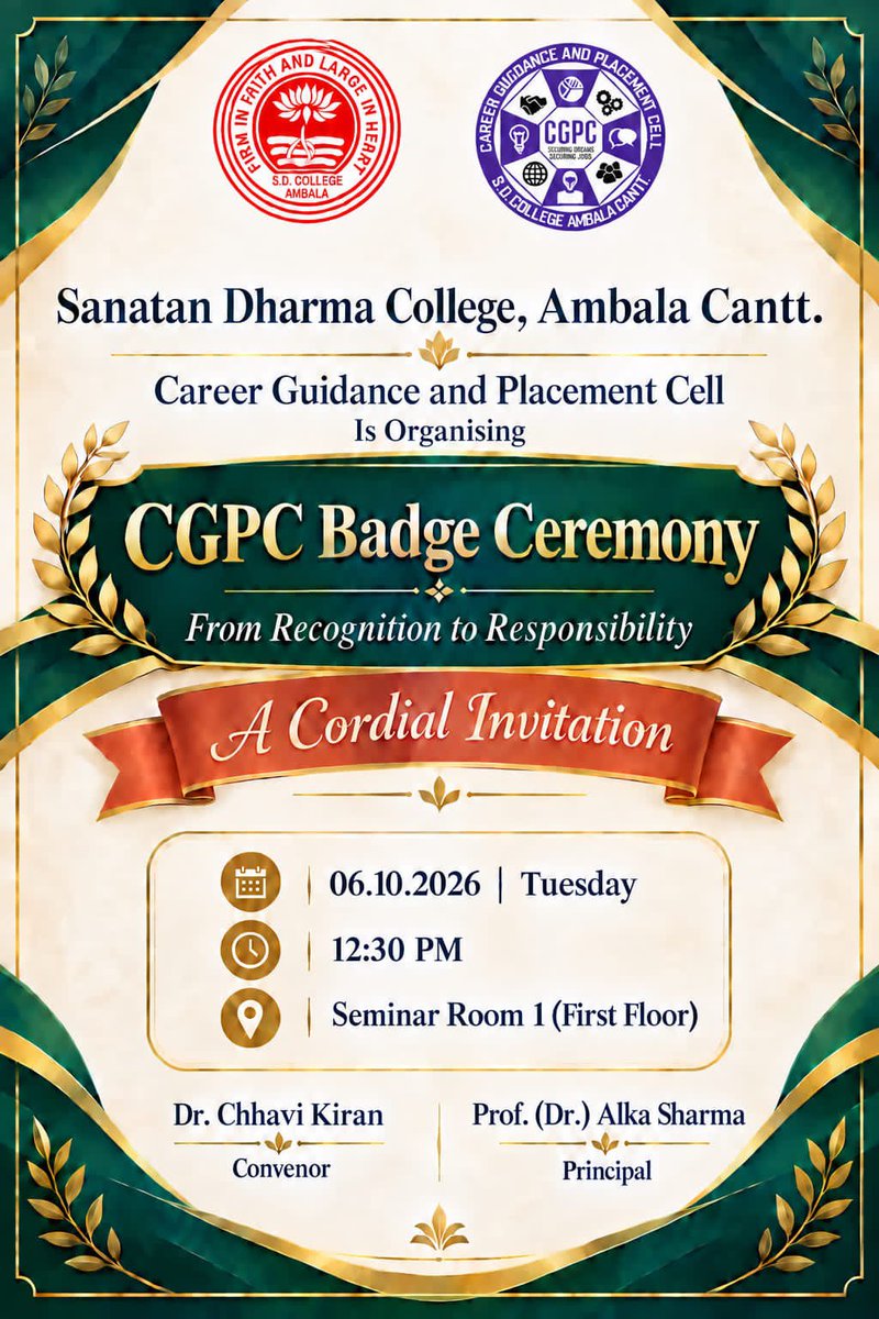 cgpcsdc's tweet photo. 🏅 CGPC Badge Ceremony: From Recognition to Responsibility
📅 06.10.2026 | 12:30 PM
📍 Seminar Room 1, SD College Ambala Cantt.
You're cordially invited! ✨
#CGPC #SDCollegeAmbala #BadgeCeremony https://t.co/MQ5yf6fosu