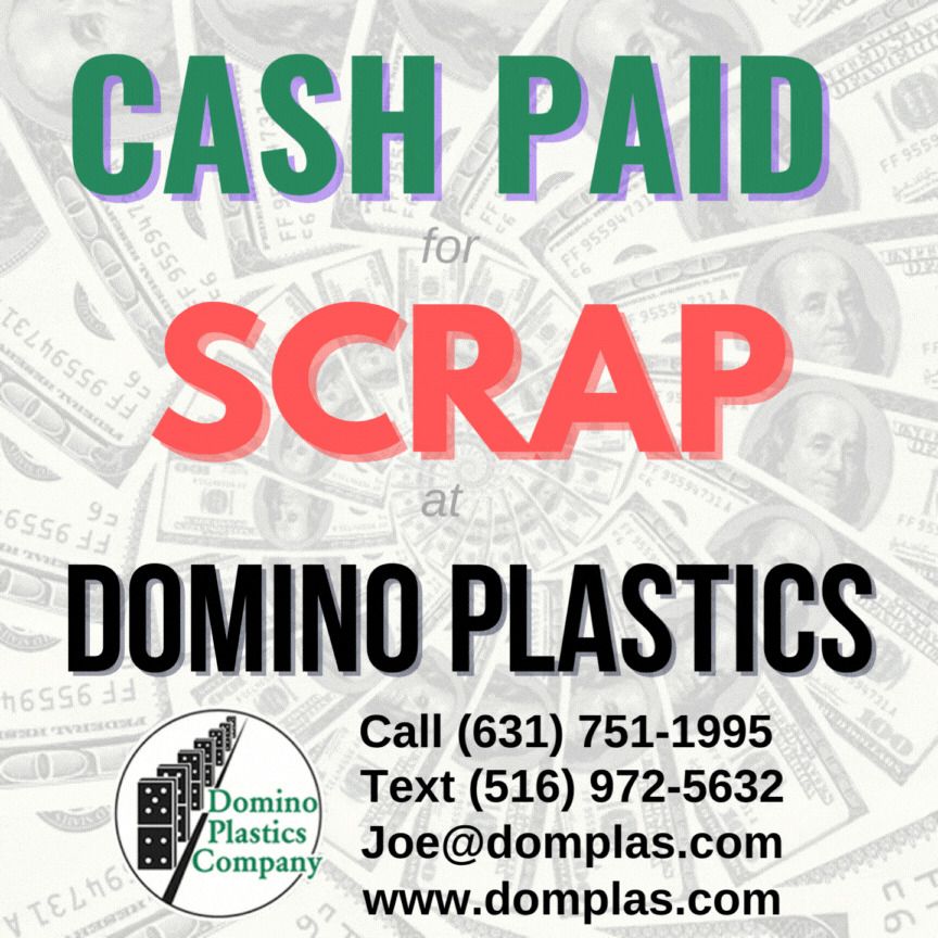 Domplas's tweet photo. Cash paid for scrap plastic at Domino Plastics! Contact us to sell scrap - send material offers with details (type, weight, location, photos) to: Joe@domplas.com, text (516) 972-5632, call (631) 751-1995, https://t.co/eJik3VpqtI. #webuyscrap #HDPE #LDPE #PP #PVC #PET #SAN #ABS https://t.co/2kX6cVmEjZ