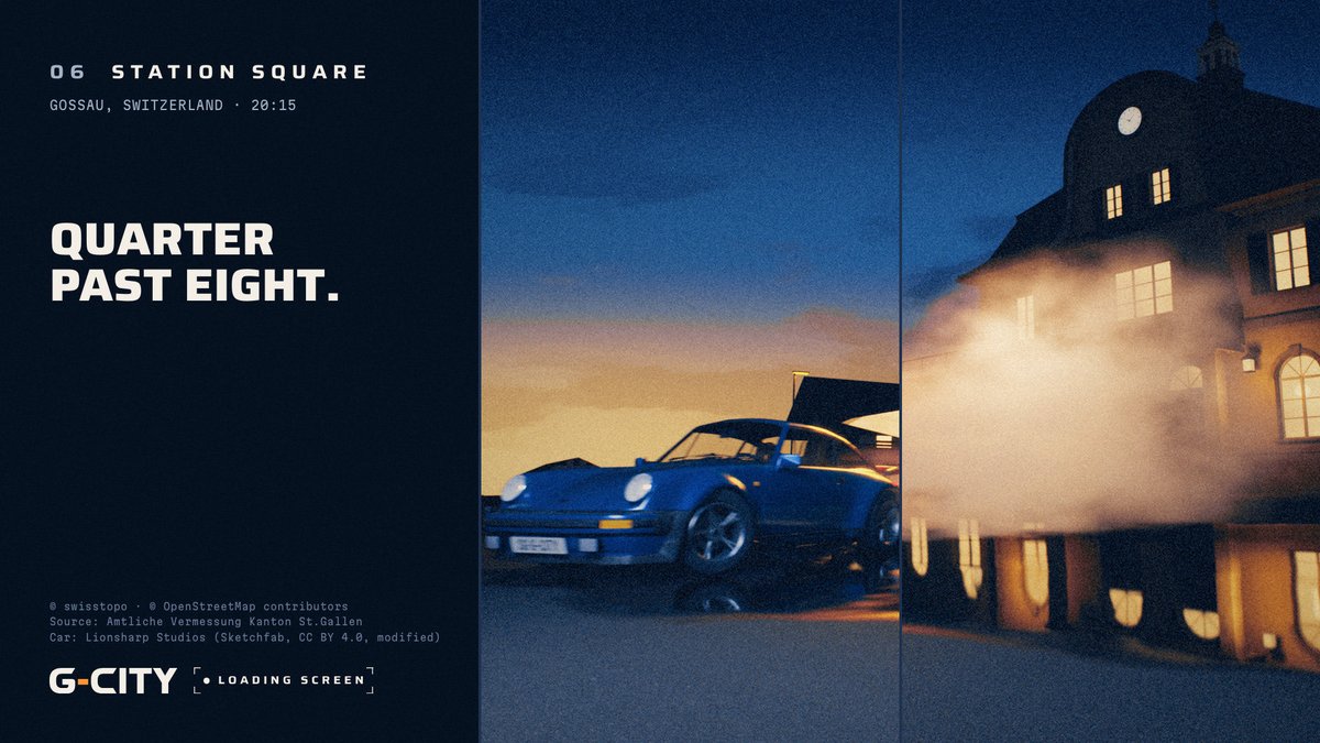gcity_ch's tweet photo. Quarter past eight at the station square in Gossau. Blue hour, tyre smoke.

Drifting with smoke already works in G-CITY, with the Bise Coupé. Waitlist via the link in our profile.

Loading screen · rendered in Blender from our game scenes · film look
#gamedev #indiegame https://t.co/mhX9neLPfD