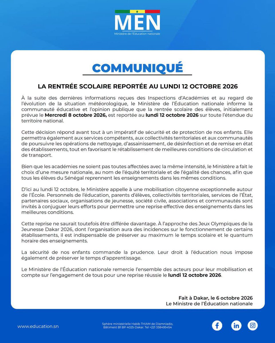 babacar29400781's tweet photo. 📌 La rentrée scolaire est reportée au lundi 12 octobre 2026 https://t.co/dy1pqwE3Yq