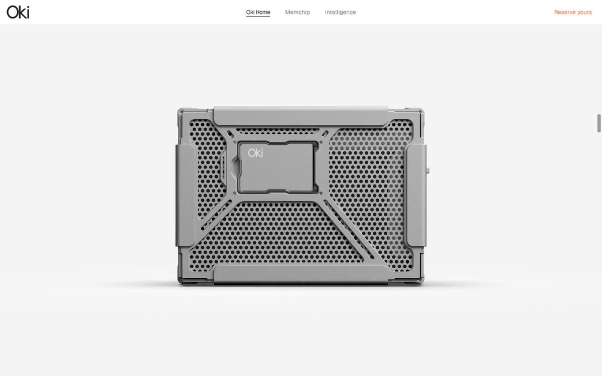 carlyle_quotes's tweet photo. The clean hardware design on the site looks incredible. Oki Home brings a Memory Computer into your house with a local model running on hardware you actually own. https://t.co/p3jiNPdQ6h