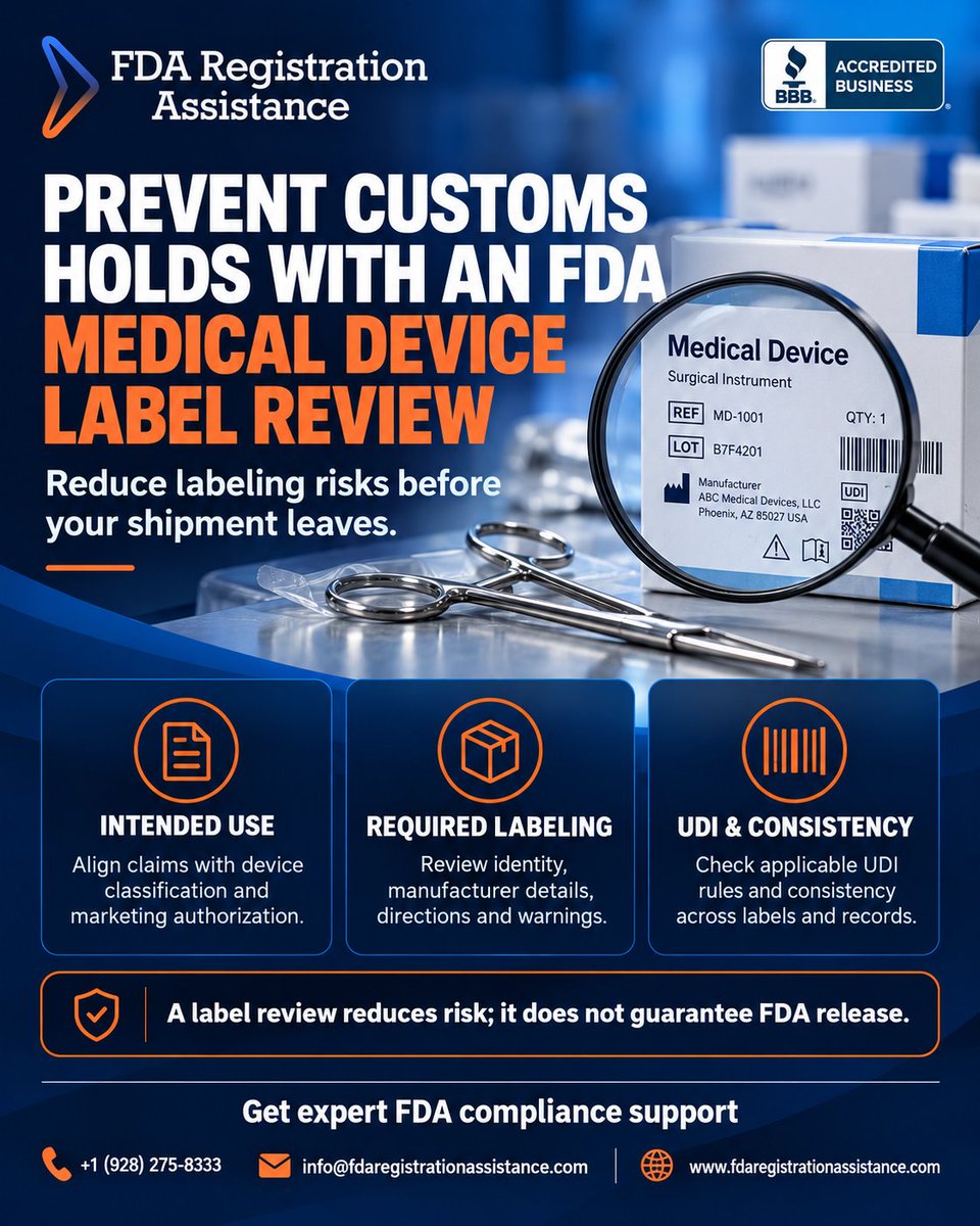 fda_assistance's tweet photo. 🚨 Shipping medical devices to the U.S.? Check the label BEFORE it ships.
🏥 Intended use
🏷️ Required labeling
🔎 UDI &amp; consistency
An FDA medical device label review can help reduce compliance and border-delay risks.
#FDA #MedicalDevices #FDACompliance #UDI https://t.co/zvZGmkM3LS