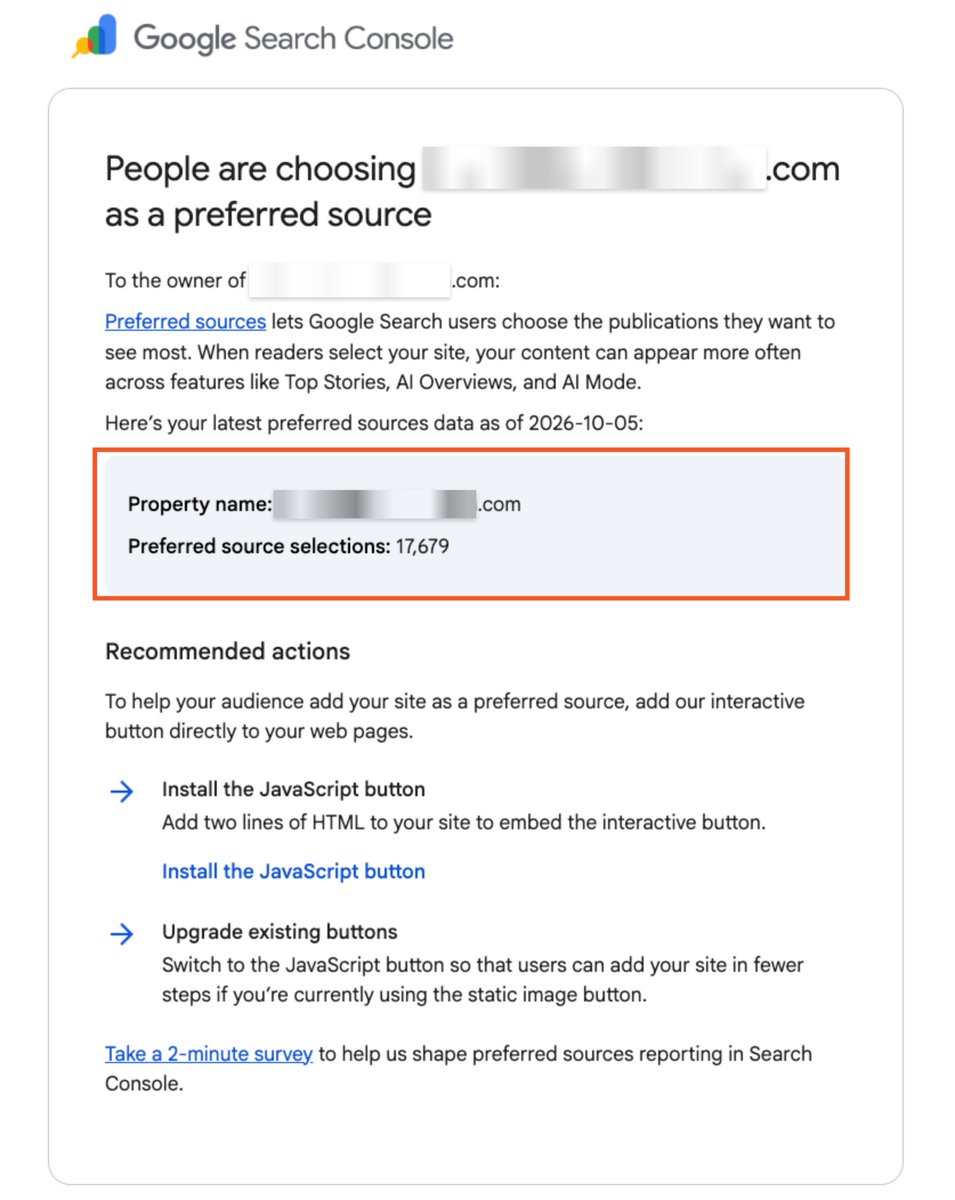 Marie_Haynes's tweet photo. Oh hey! Google is sending out emails to tell us how many people have added us as a Preferred Source. https://t.co/Qn0XknTwRe