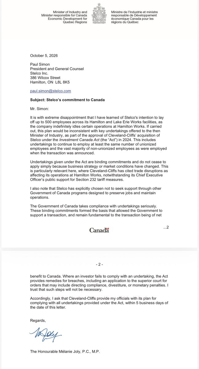 Gray_Mackenzie's tweet photo. Industry Minister Melanie Joly has written to the President of Stelco, warning them that the up to 500 layoffs in Hamilton constitutes a breach of their 2024 agreement with the federal government to maintain unionized employment until 2029.

She is giving the company five days to present a plan or potentially face “an application to the superior court for
orders that may include directing compliance, divestiture, or monetary penalties” #cdnpoli