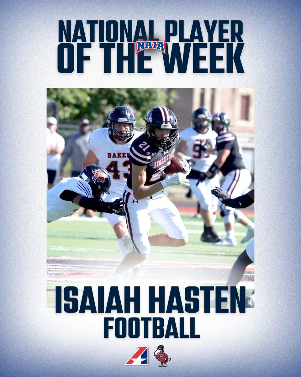 TheHeartConf's tweet photo. 𝐍𝐀𝐈𝐀 𝐃𝐞𝐟𝐞𝐧𝐬𝐢𝐯𝐞 𝐏𝐥𝐚𝐲𝐞𝐫 𝐨𝐟 𝐭𝐡𝐞 𝐖𝐞𝐞𝐤 🏈🔥

Benedictine’s Isaiah Hasten earned the national honor after recording five tackles and two interceptions, including a 91-yard pick-six and a game-sealing interception in the Ravens’ 34-32 win over Baker.  

🔗 Read more: https://t.co/AlvCrNgknH 

#TheRightWayToPlay #TheHeartsWayToPlay