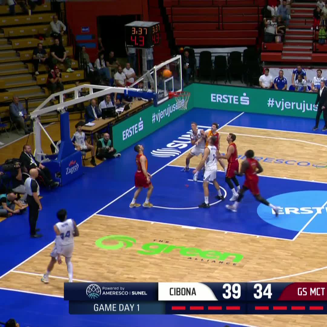 A basketball game is in progress between Cibona and GS MCT, with Cibona leading 39 to 34 on Game Day 1; the shot clock shows 3.37 with 4.3 seconds left.