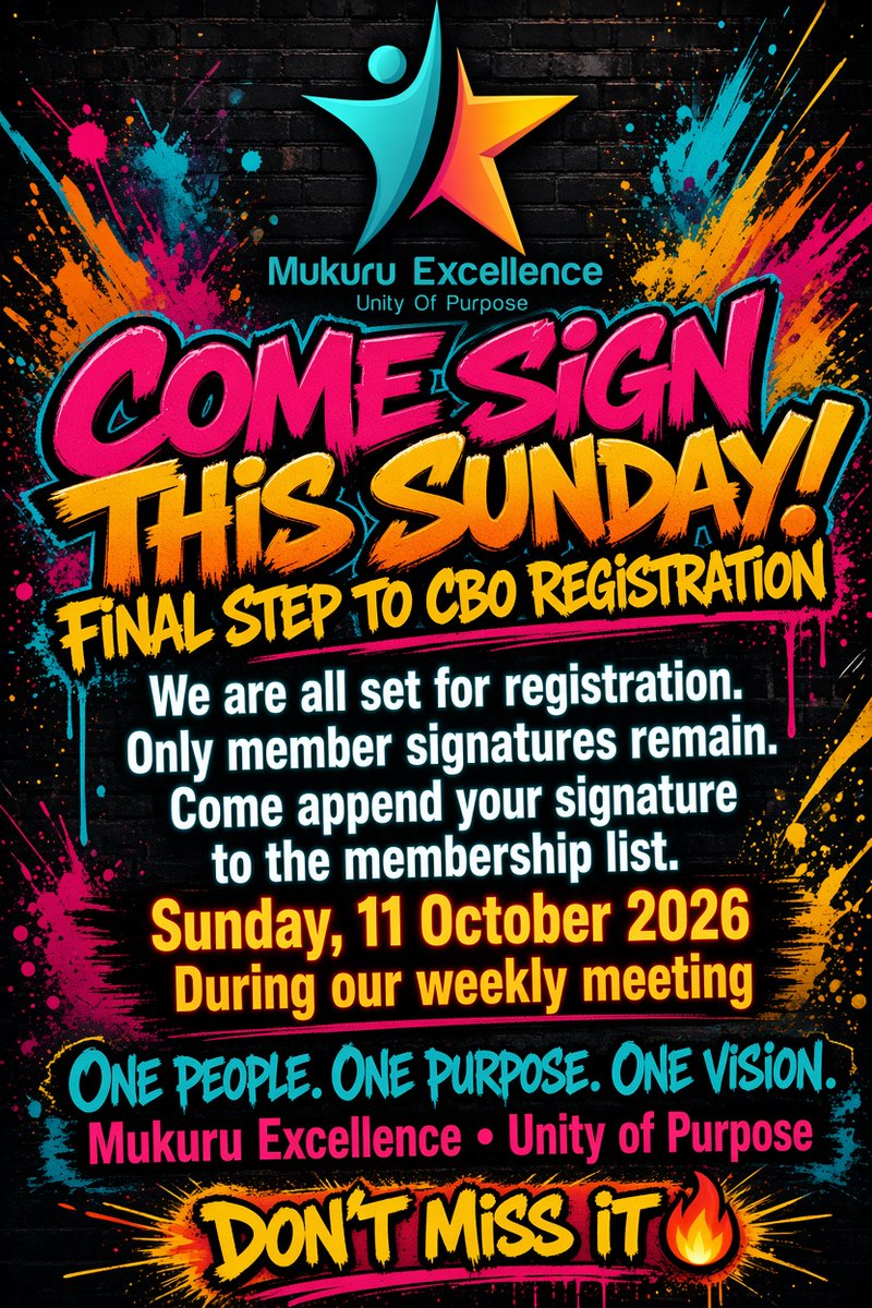 MukuruKwaNjenga's tweet photo. We're at the final step
#MukuruExcellence is ready for #CBO registration What remains are the signatures of those we've walked this journey together
This Sunday, 11 October 2026, we append signatures to the membership list
Not just signatures, a shared commitment
#UnityOfPurpose https://t.co/TAdG3O91Ra