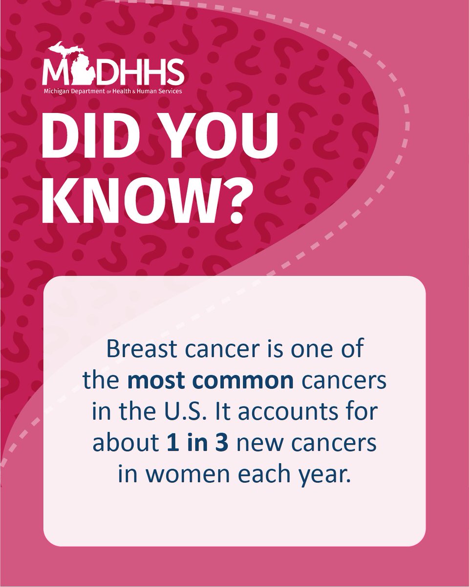 MichiganHHS's tweet photo. October is Breast Cancer Awareness Month.

Did you know breast cancer is one of the most common cancers in the U.S.? 
Find out if you qualify for a free or low-cost mammogram through the Breast &amp; Cervical Cancer Control Navigation Program by visiting https://t.co/9UzparHzVv. https://t.co/XX9rdHHrfa