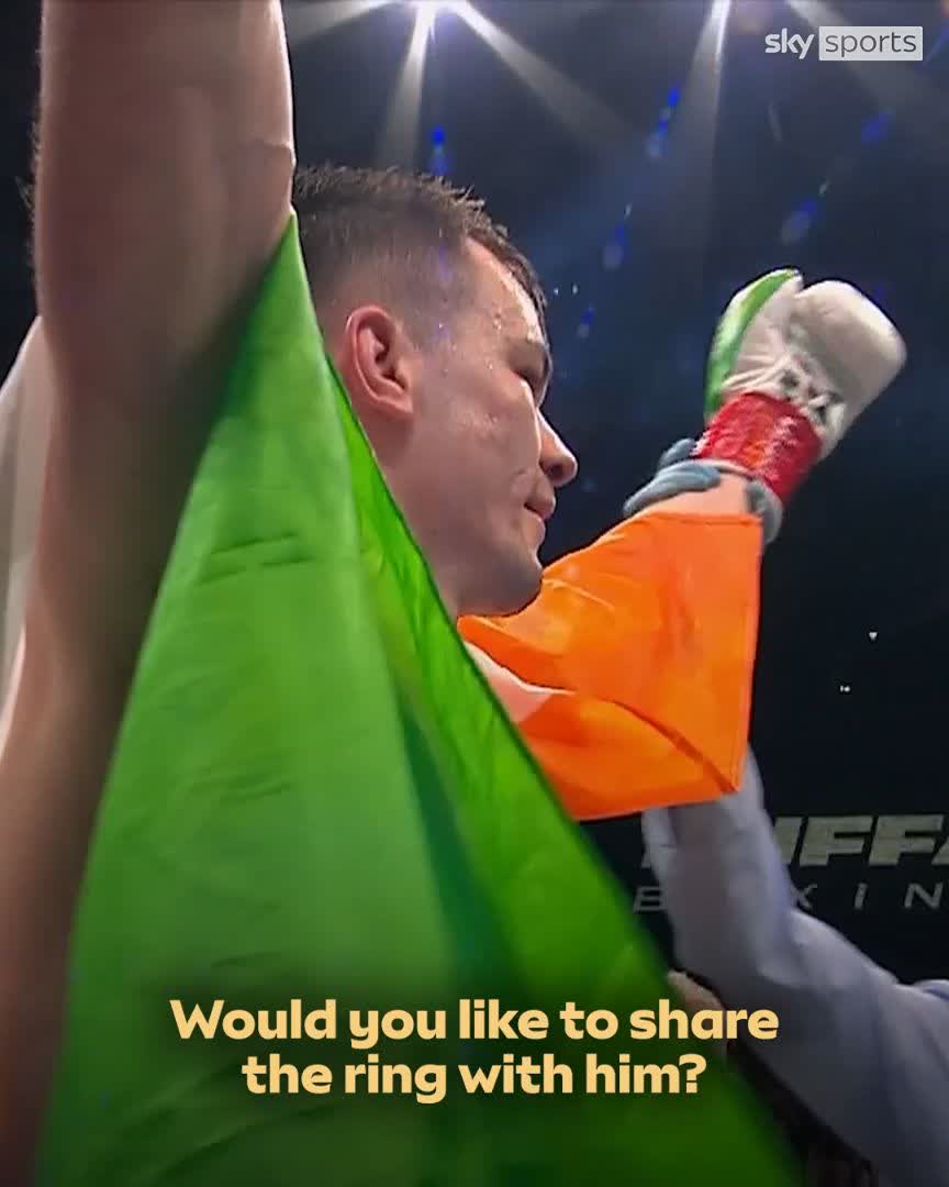 A Sky Sports promotional image shows a victorious boxer with a raised arm draped in the Irish tricolor flag, with text overlay reading "Would you like to share the ring with him?"—teasing a potential matchup between Denzel Bentley and Aaron McKenna, an Irish middleweight contender.