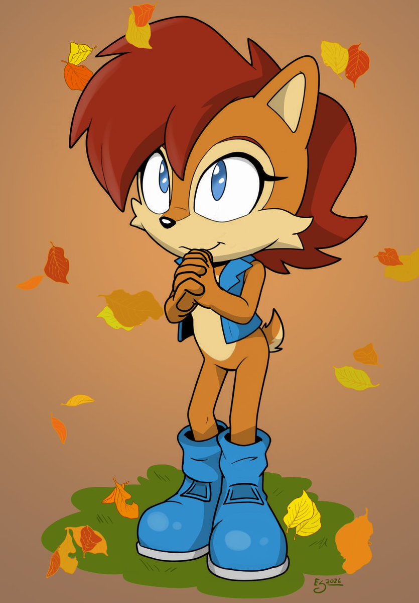 SeraphineTiger's tweet photo. Sally enjoying the autumn leaves. #SonictheHedgehog #SallyAcorn #furryart #SatAM https://t.co/1eQ2qzdru8