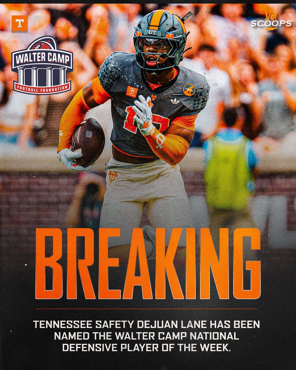 VolScoops's tweet photo. BREAKING: Tennessee safety Dejuan Lane has been named the Walter Camp National Defensive Player of the Week! 🍊

Lane against Auburn: 
9 tackles 
2 sacks 
2.5 TFLs 
1 interception 

Lane has been an AMAZING addition this year 🫡 https://t.co/e5wnMAlMUj