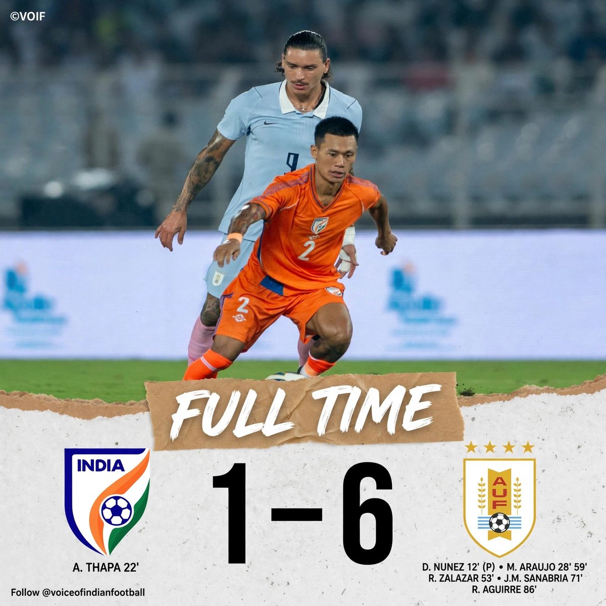 VoiceofIndianF1's tweet photo. Painful scoreline. Proud the way we fought first half.
#IndianFootball #BlueTigers #INDURU #IndianFootballTeam #VOIF #BackTheBlue #NeverGiveUp #FootballIndia #BlueTigersForever https://t.co/DSx0abqO3a