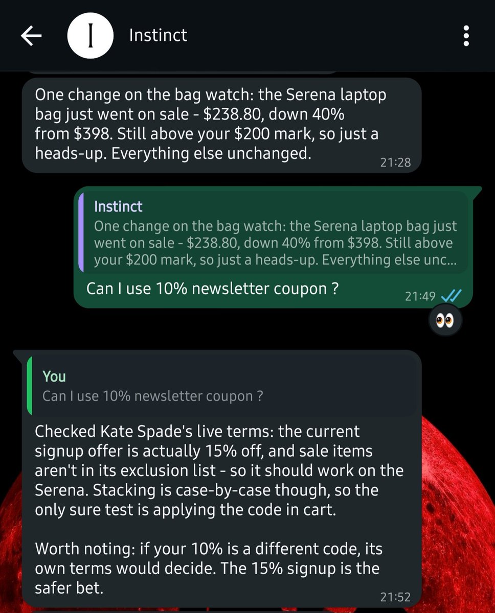 namratha_bemane's tweet photo. I am using Instinct App as my personal shopper now & ITS CRAZY !!!!!

I send it product i wish to purchase it shortlists brand website to outlets and then marketplace and find cheap and brings way to get discount + if I give it cut off price I am willing to pay it takes the so I don't have keep checking price brings me the right time to buy at MY PRICE !!!!  

And that's my dear how you buy $400 USD Kate spade for $200 USD. Now imagine the black friday time what I can do.

(Still not yet bought 😆)