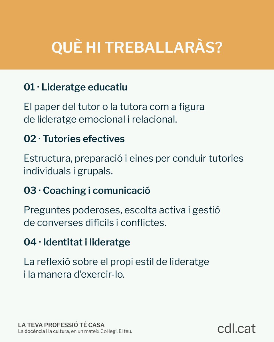 cdlcat's tweet photo. 🎯 La tutoria és un espai de lideratge educatiu.

Per això, hem preparat un curs per dotar-te d'eines per preparar i conduir tutories, afrontar converses difícils i aplicar estratègies de coaching, escolta activa i gestió de conflictes.

MÉS INFORMACIÓ 👉https://t.co/4KrrrRNbga https://t.co/Lsi2sZ5X81